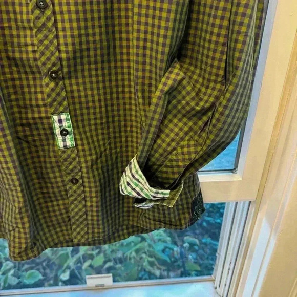 Artisti Industrie Italy Checkered Long Sleeve Button Up Green & Navy Cotton Sz L - Picture 6 of 11